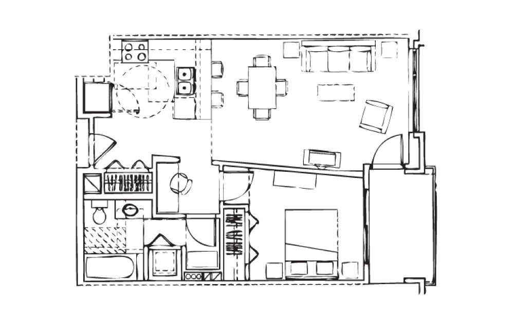 EH-A1 - 1 bedroom floorplan layout with 1 bath and 696 square feet.