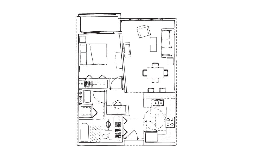 EH-A2 - 1 bedroom floorplan layout with 1 bath and 707 square feet.