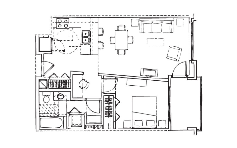 EH-A3 - 1 bedroom floorplan layout with 1 bath and 717 square feet.