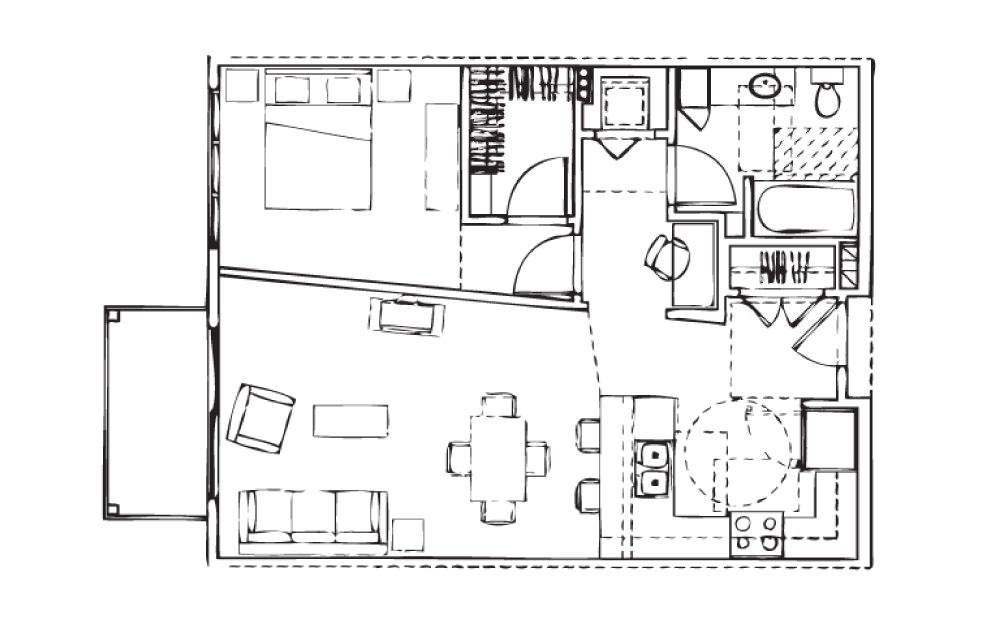 EH-A6 - 1 bedroom floorplan layout with 1 bath and 746 square feet.