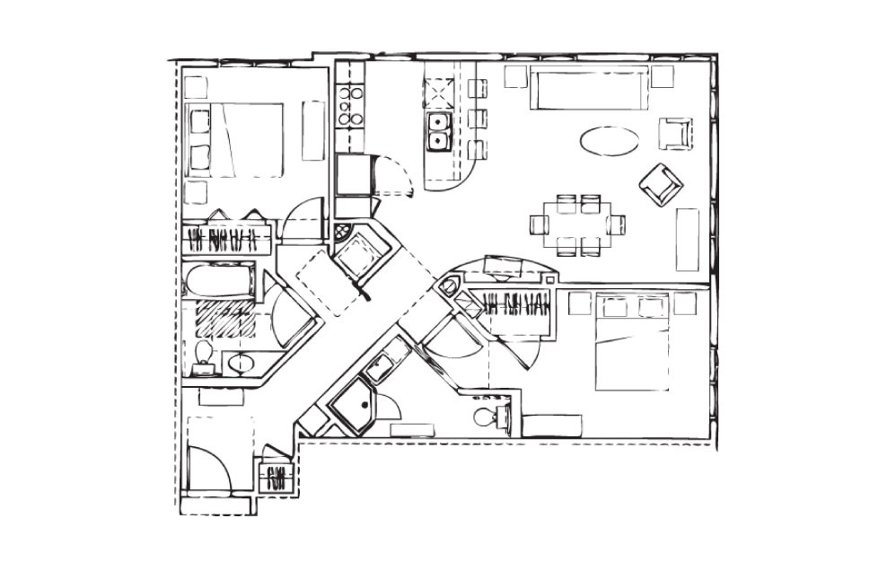 EH-B3 - 2 bedroom floorplan layout with 2 baths and 1009 square feet.
