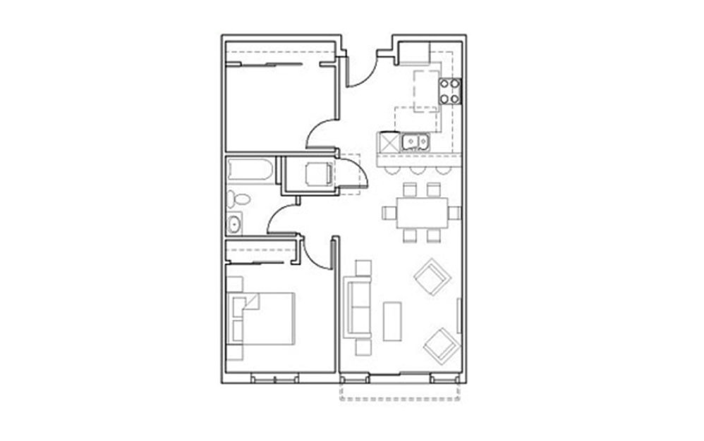 SB-A6 - 1 bedroom floorplan layout with 1 bath and 821 square feet.