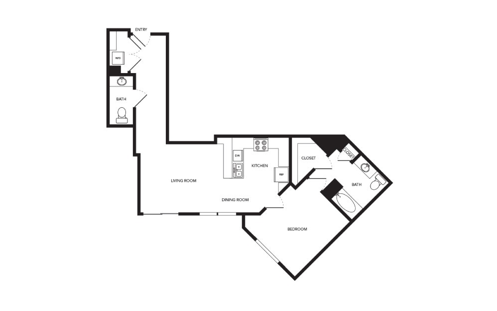 TN-A24 - 1 bedroom floorplan layout with 1.5 bath and 722 square feet.