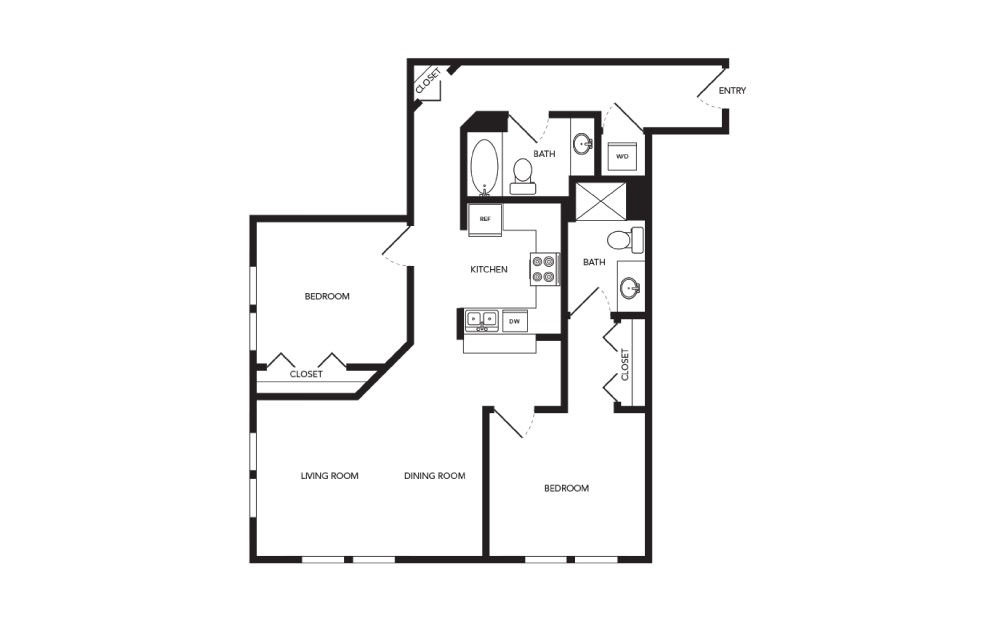 TN-B10 - 2 bedroom floorplan layout with 2 baths and 1057 square feet.