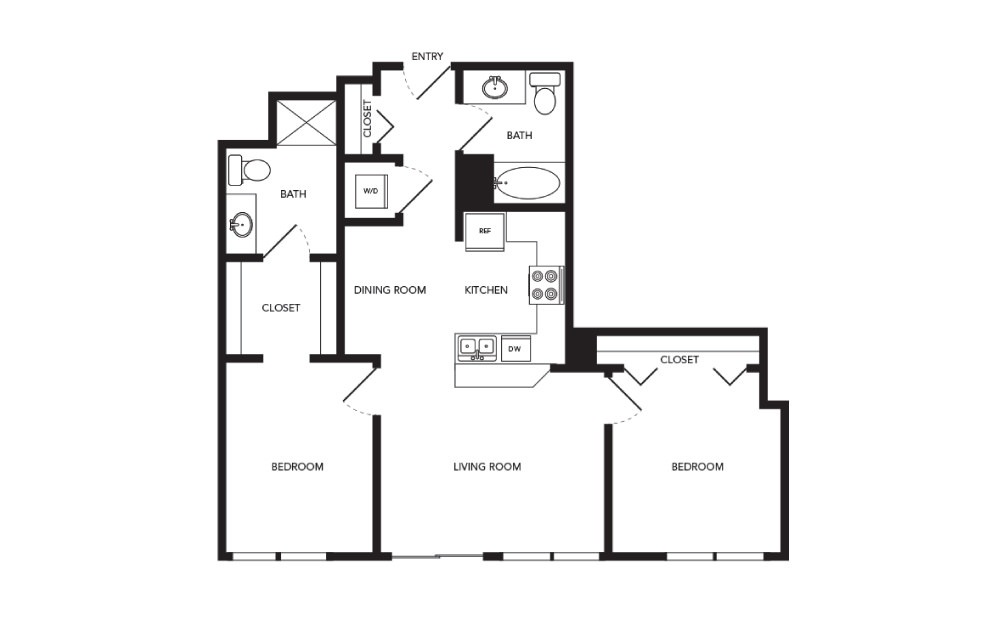TN-B2 - 2 bedroom floorplan layout with 2 baths and 928 square feet.