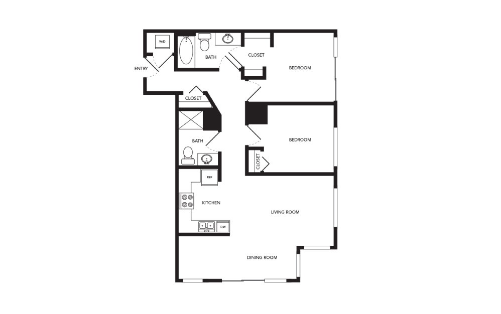TN-B7 - 2 bedroom floorplan layout with 2 baths and 958 square feet.