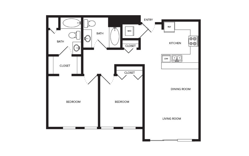 TN-B8 - 2 bedroom floorplan layout with 2 baths and 1015 square feet.